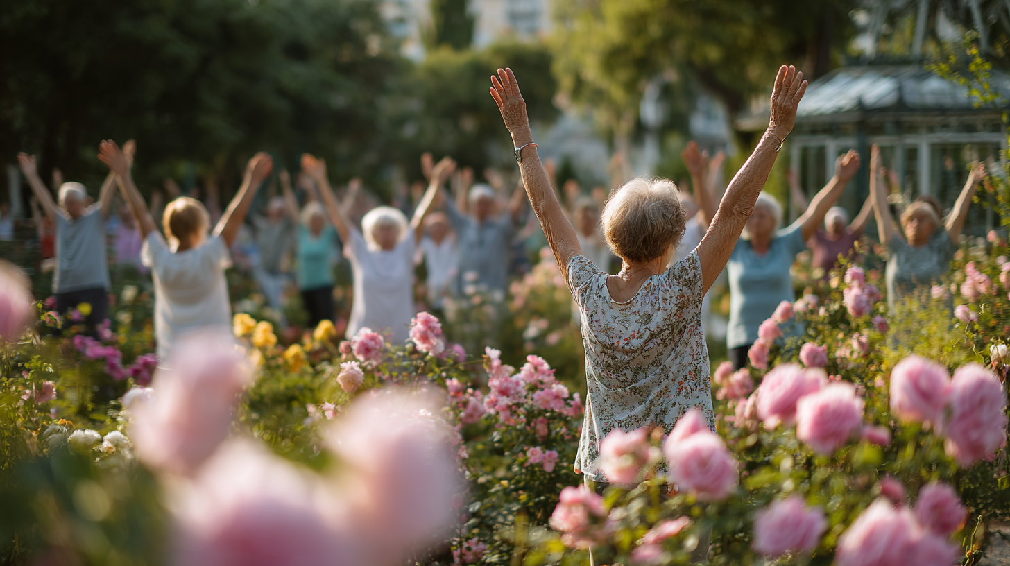 Люди зрілого віку займаються йогою в парку