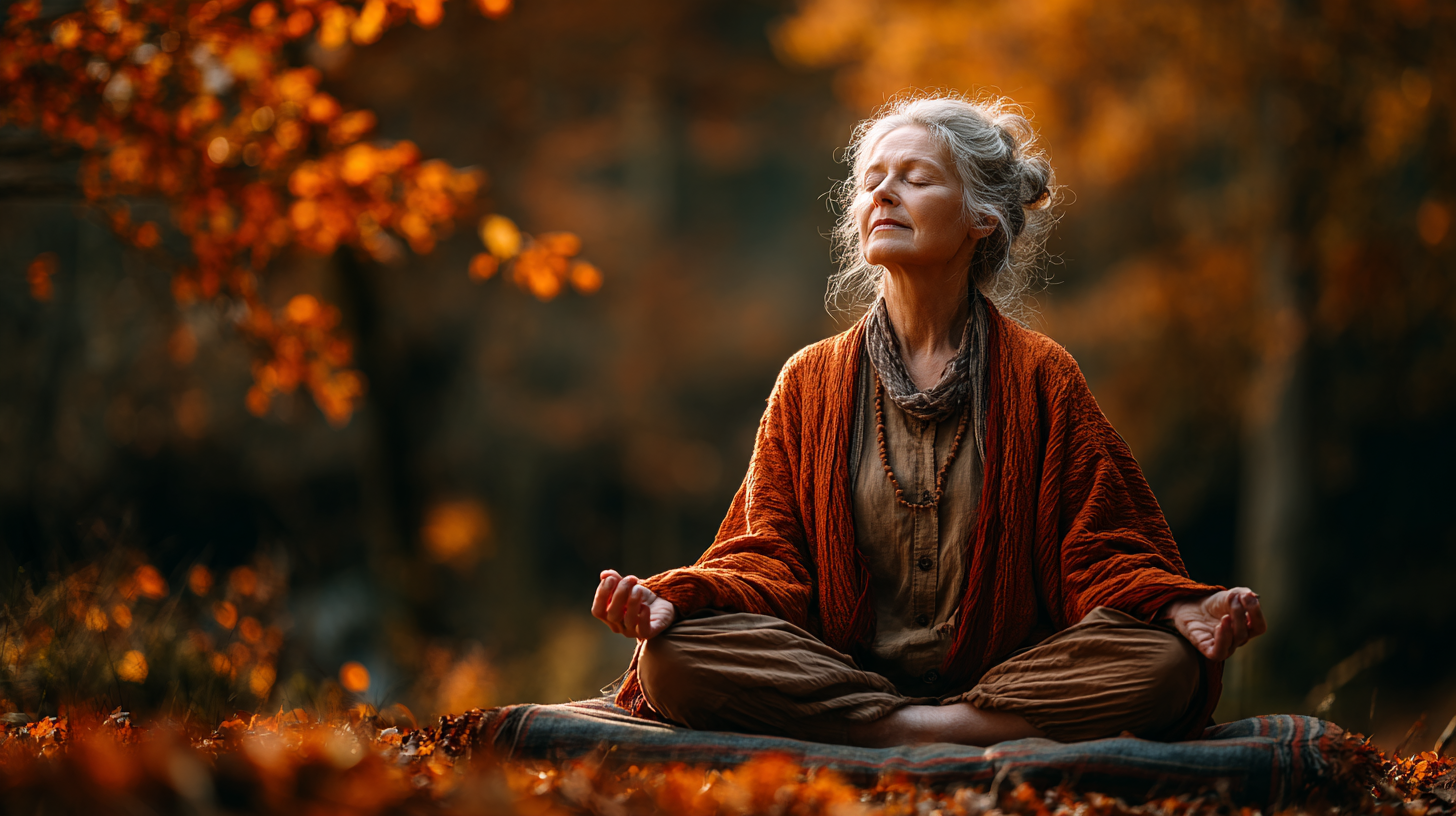 Група людей зрілого віку медитує на заході сонця